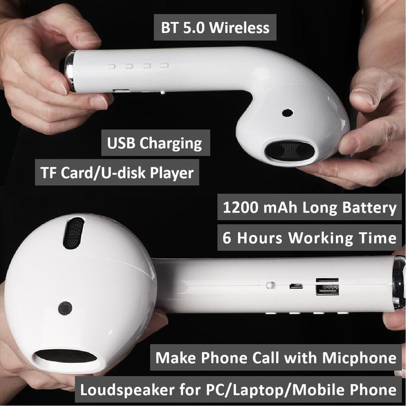 Wireless Earphone Shape Speaker, USB Charging Support Microphone FM Radio TF Card Wireless Loudspeaker, 360° Stereo HiFi Sound Portable Speaker