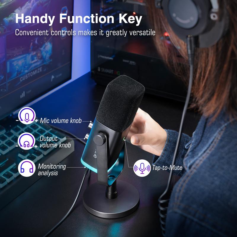 Fifine AM8 XLR USB Gaming Microphone for Podcast Recording, Dynamic RGB Microphone with Quick Mute, headphone jack, Gain Knob, Volume Control, Desktop Computer Mic for PC Gamer