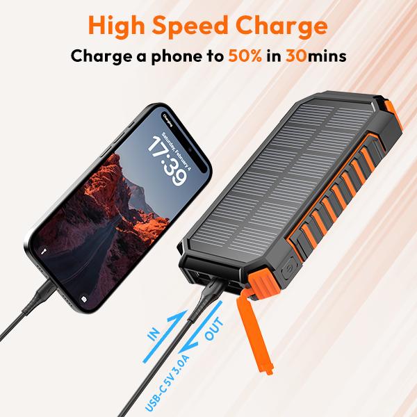 Solar Charger Power Bank - 27000mAh Portable Phone Charger with Built-in USB Cables 3.0A Fast Charge Battery Pack, 5 Outputs & 2 Inputs for Smartphone, Tablet,Best Christmas Gifts