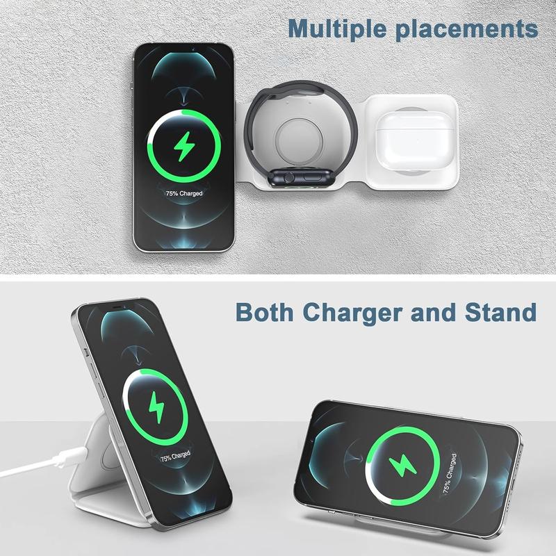 3-in-1 Foldable Wireless Charger for iPhone15 14 13 12 SE 11 with Magnetic Fast Charging Pad and iWatch Charging - Compact and Portable Smartphone Cellphone