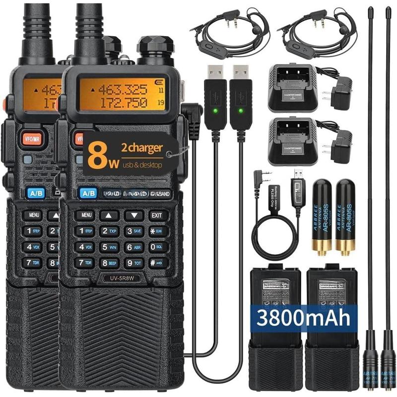 Radio UV-5R 8W Ham Radio Long Range UV5R Dual Band Handheld High Power 3800mAh Rechargeable Walkie Talkies Handheld Two Way Radio with Programming Cable and Earpiece for Survival Gear,2Pack