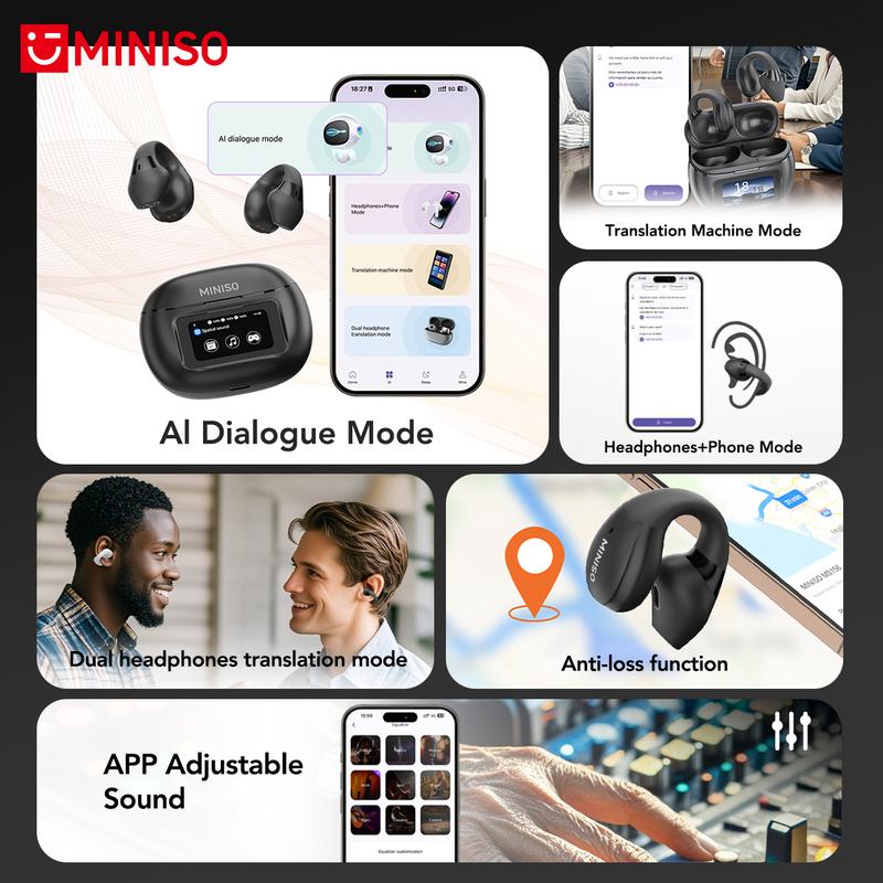 MINISO X29 AI Translation Open Ear-Clip Wireless Earphones Noise Cancellation Bluetooth V5.4 Full Color Display Earphone Touch Screen With Double Mic Long Battery Charging Case