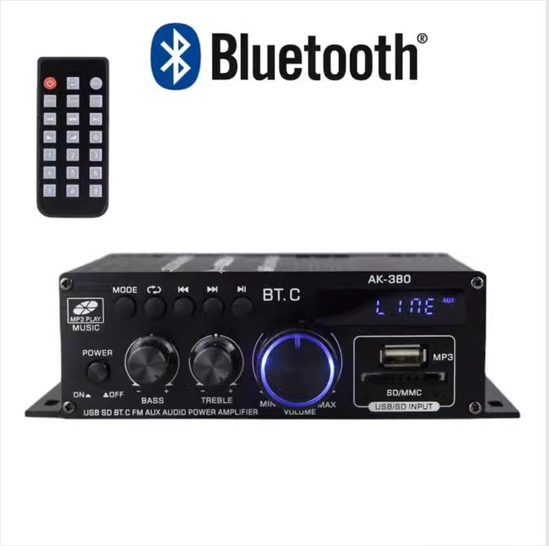 AK-380 USB SD BT.C FM AUX Audio Power Amplifier 400W+400W 2.0 CH HiFi Stereo AMP Speaker Bluetooth 5.0 Amp Receiver with 12V 5A Power Supply,Remote Control Adapter Compact Karaoke Digital