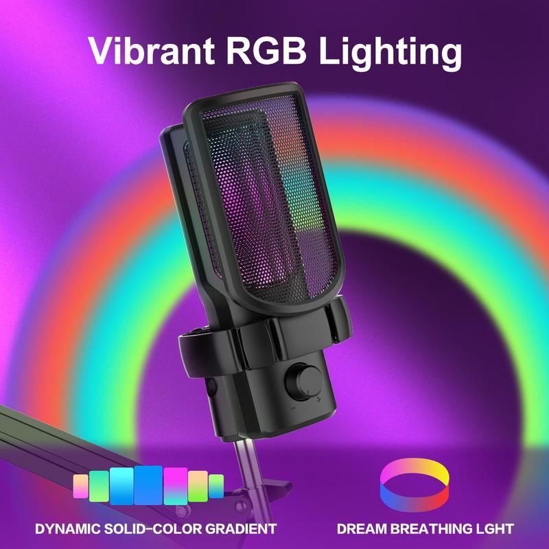 USB Powered Microphone with RGB Light, USB Microphone with Type-C Adapter, Microphone Compatible with Computer & Type-C Interface Devices