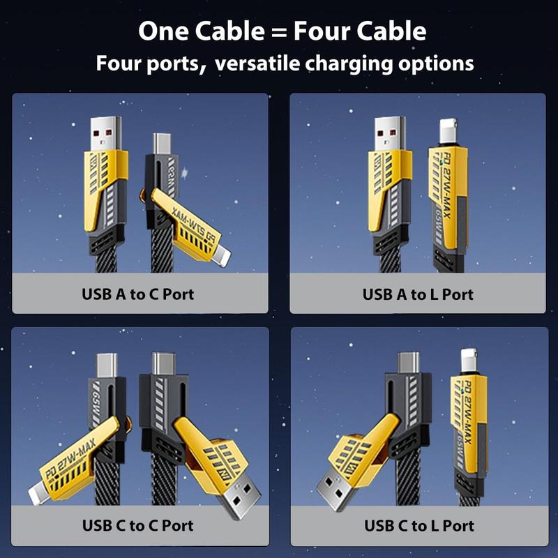 Dual Head Type-c Data USB 4-in-1 PD 65W Fast Charging Cable for iPhone,Smartphone Cellphone Charger - Android Devices Durable Electronic Mobile