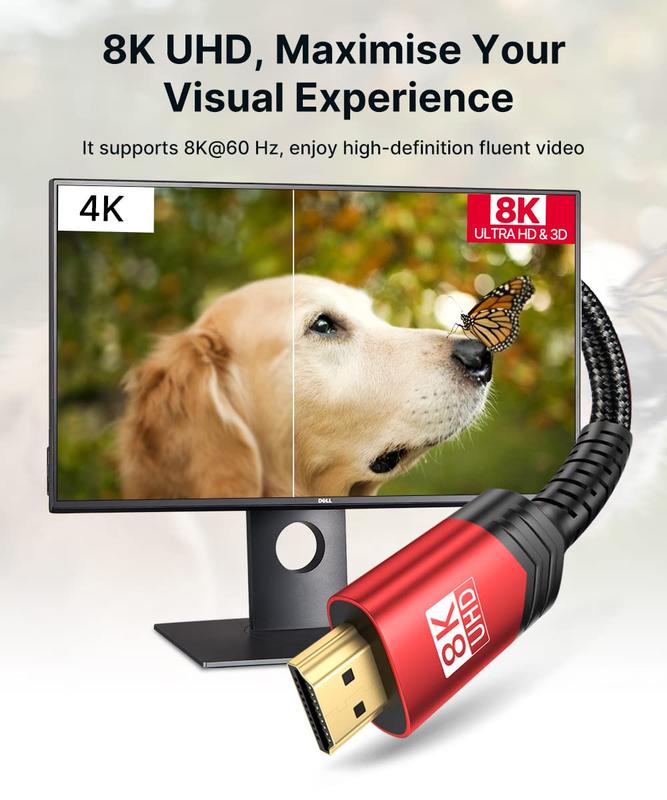 JSAUX 8K HDMI Cable , 48Gbps 8K and 4K Ultra High Speed ​​HDMI Braided Cable, 4K @ 120Hz 144Hz, 8K @ 60Hz, HDCP 2.2 and 2.3, HDR 10, eARC Compatible Laptop UHD TV PS5 Monitor UHD PS4 Du than - red