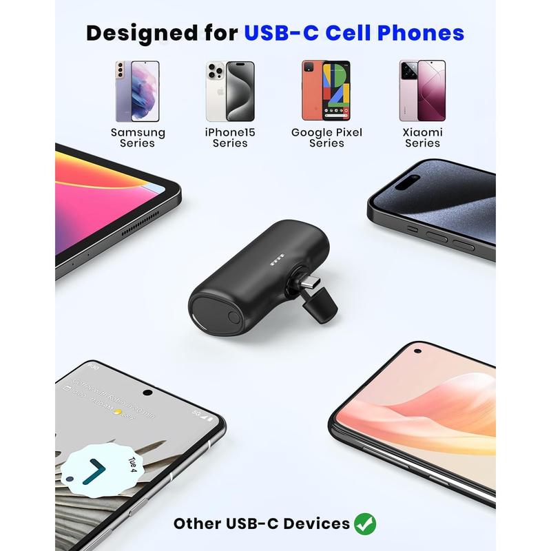 Small Portable Charger 5000mAh Ultra-Compact USB C Power Bank Built in Connector Battery Pack Compatible with iPhone 15 15 Pro 15 Pro 15 Pro Max, Samsung, Google Pixel, Android Phone etc