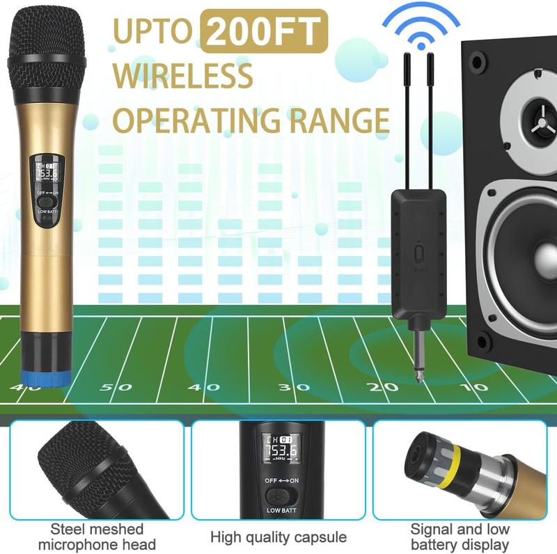 Microphone, UHF Dual Cordless Dynamic Mic System,Handheld Karaoke Microphone with Rechargeable Receiver(Auto Connect,200 ft Range) for Singing, Church, Speech, Wedding, Party