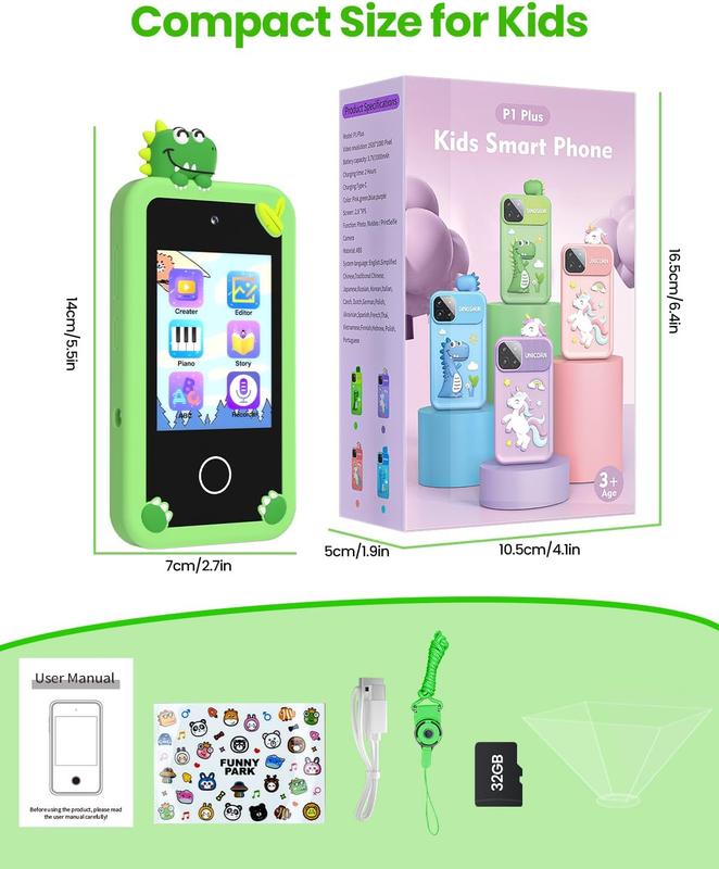 Kids Smartphone Toy, Unicorn Gift, Touch Screen MP3 Player Learning Toy with 32G SD Card with Camera, Birthday Gift