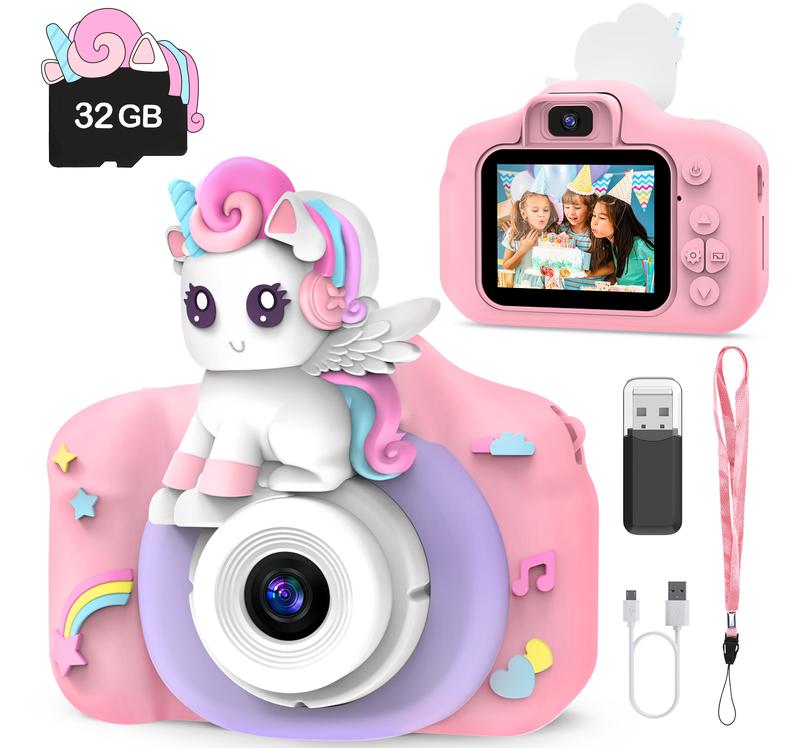 Unicorn Digital Camera Toys ,1 count USB Rechargeable Camera With Unicorn Silicone Case & Lanyard & Memory Card Reader for The Little Ones Christmas or Birthday Gifts mom mother's day  Rear Sd