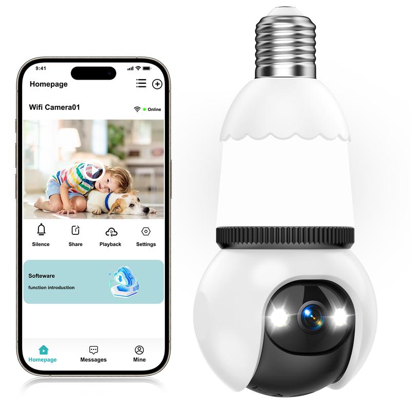 4MP Light Bulb security camera with 5G and 2.4GHz wireless indoor outdoor camera with night vision, motion detection, 360° remote viewing and real-time alerts. Cord Installation