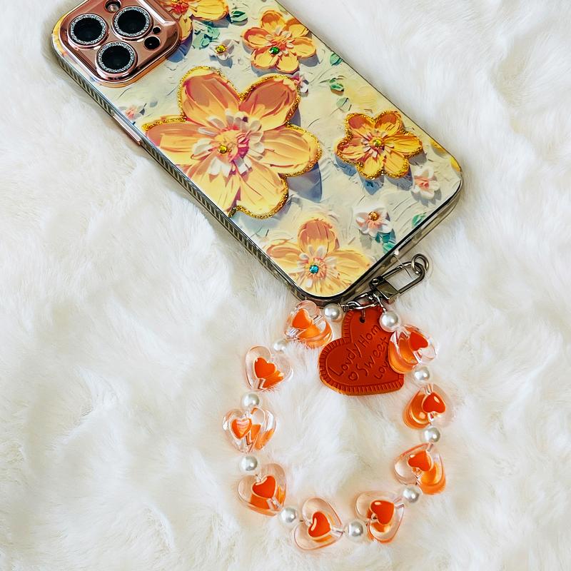 Heart Beaded Floral Bracelet Charms Car Keychain Phone Strap Holder Bag Wallet Purse Chain Key Rings Pendant for Women and Girls - Macaroon Color - Smartphone, Accessories Phone carrier