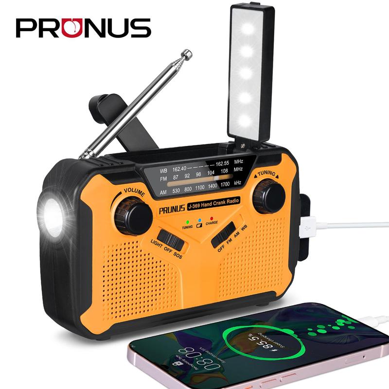 PRUNUS Emergency NOAA Weather Radio with 11100mWh Portable Power Bank, AA Batteries Solor Hand Crank USB Rechargeable Batteries, LED Flashlight and Reading Lamp,SOS Alarm & Flashlight,AM FM, J-369