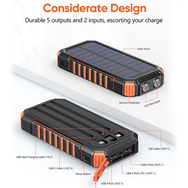 Solar Charger Power Bank - 27000mAh Portable Phone Charger with Built-in USB Cables 3.0A Fast Charge Battery Pack, 5 Outputs & 2 Inputs for Smartphone, Tablet,Best Christmas Gifts