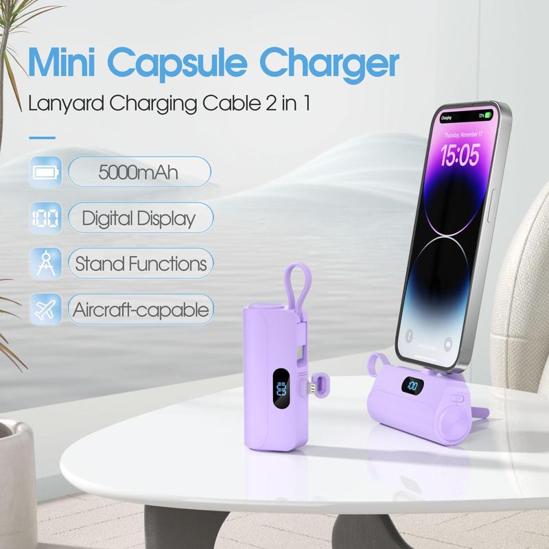 Portable Power Bank for Smartphone, 5000mAh Compact Power Pack with LED Digital Display Screen, Flashlight, Stand & Build-in Cable, Suitable for Electronic Devices, Smartphone Accessories