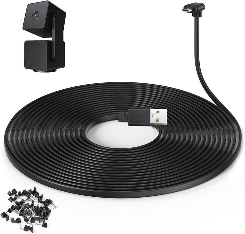 WYZE Cam Pan V3 60 ft Extension Cable - L-Shaped Flat Power Cord, Black