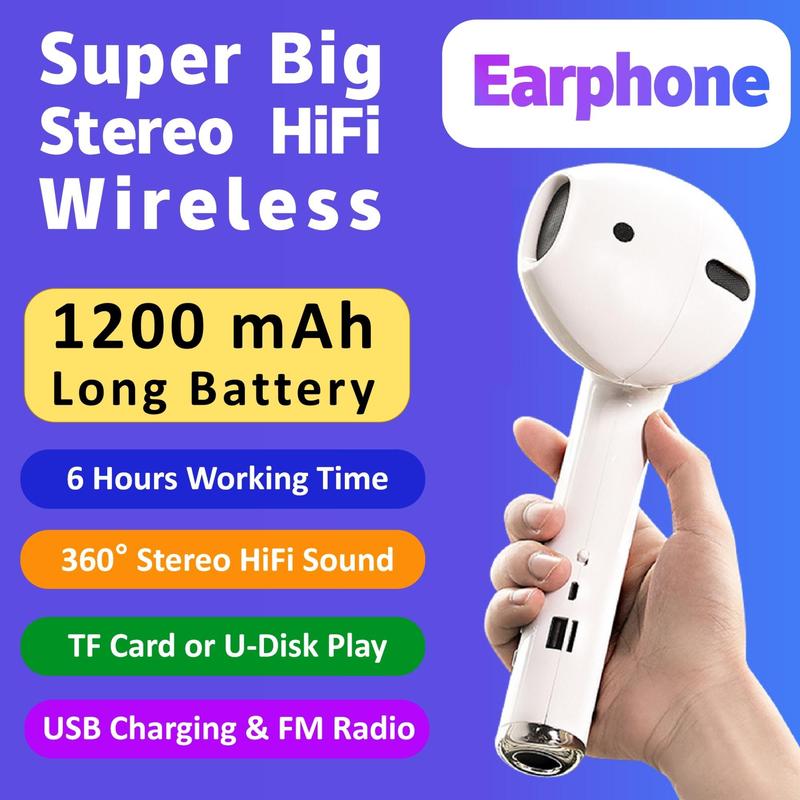 Wireless Earphone Shape Speaker, USB Charging Support Microphone FM Radio TF Card Wireless Loudspeaker, 360° Stereo HiFi Sound Portable Speaker