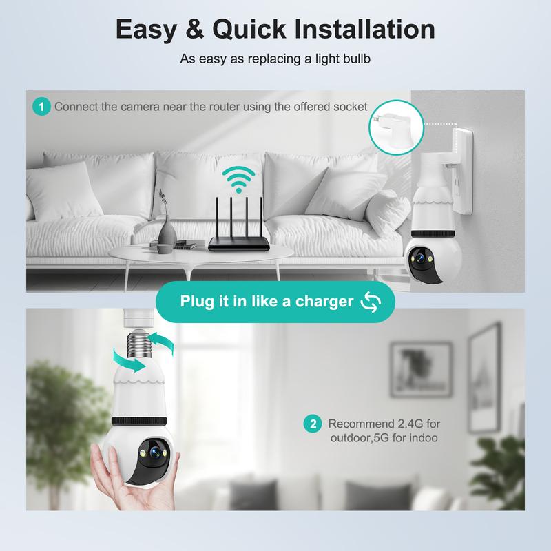 4MP Light Bulb security camera with 5G and 2.4GHz wireless indoor outdoor camera with night vision, motion detection, 360° remote viewing and real-time alerts. Cord Installation