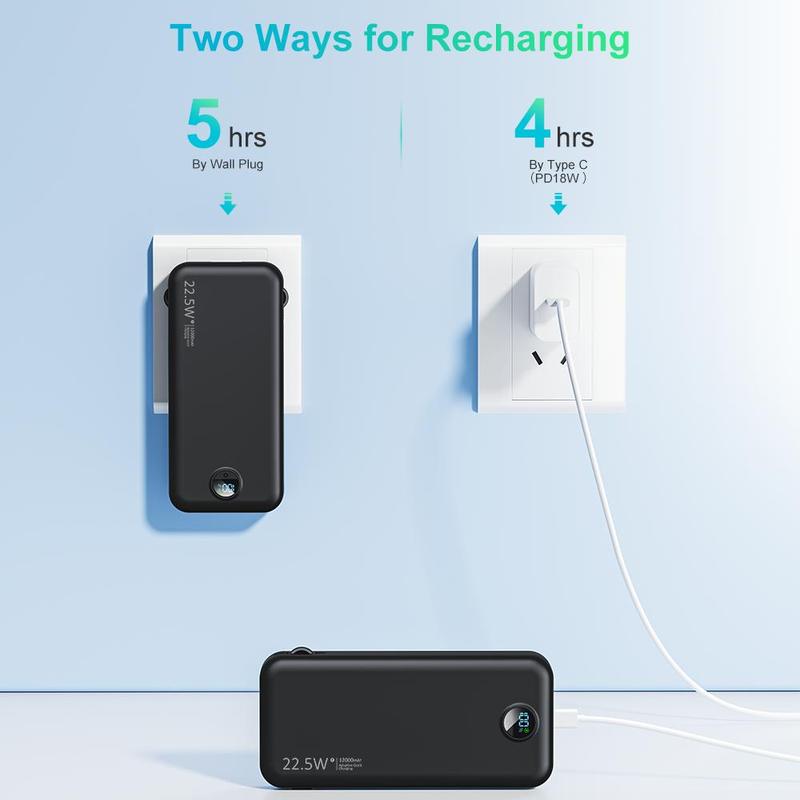 12000mAh Power Bank, Portable Charger With 2 built-in Cable For Music Festival, Digital Display QC4.0 PD3.0 Fast Charging Power Bank With Foldable Wall Plug for Summer, Mobile Chargeable Devices, Phone Charger For iPhone Huawei, Smartphone Accessories