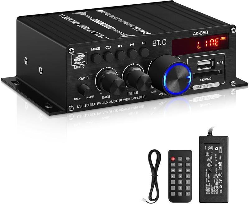 AK-380 USB SD BT.C FM AUX Audio Power Amplifier 400W+400W 2.0 CH HiFi Stereo AMP Speaker Bluetooth 5.0 Amp Receiver with 12V 5A Power Supply,Remote Control Adapter Compact Karaoke Digital