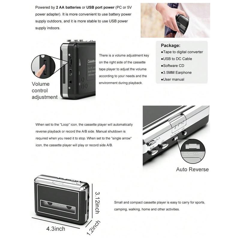 Cassette Player Walkman, Convert Audio Music Cassette To MP3, Compatible With Laptop PC, With Earphone Compact Portable