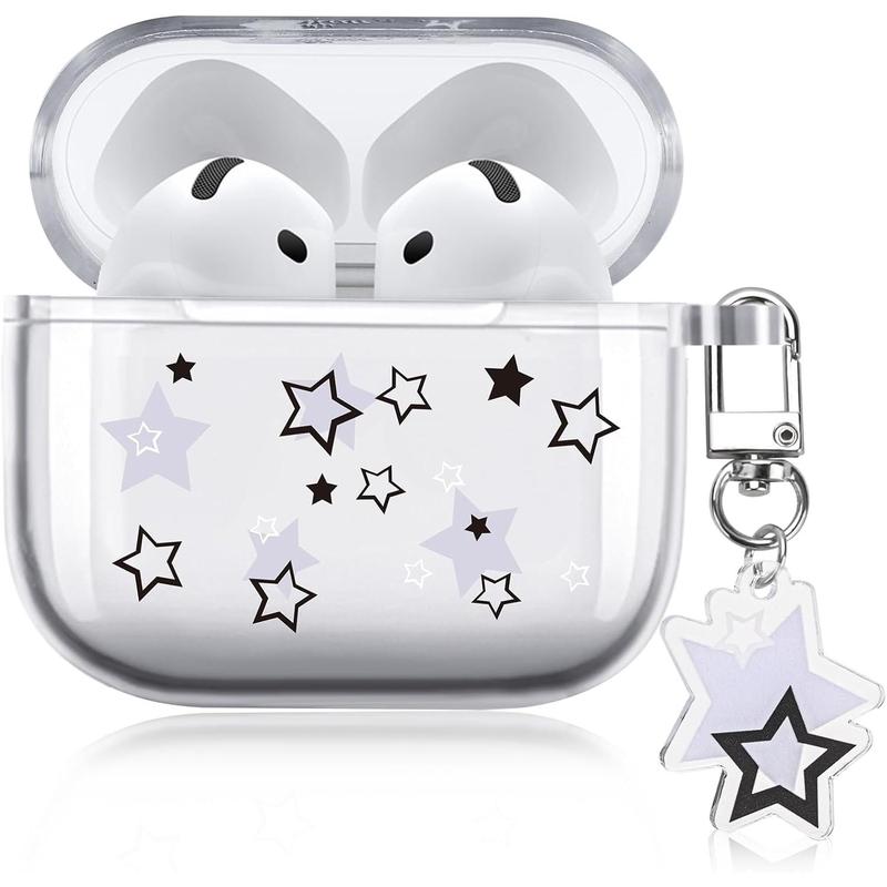 Case for AirPod 4 with Star Keychain, Cute Charms Star Pattern Design Clear Soft Protective Cover for AirPods 4th Generation 2024 Released