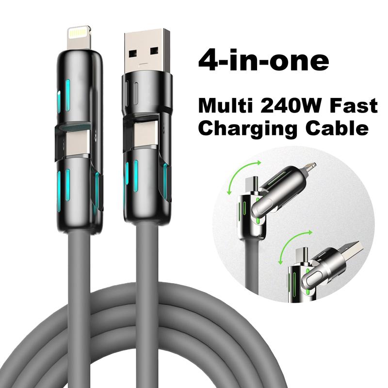 4-in-1 USB Charging Cable, fastcharging cable MAX 240W USB A+ TYPE C + Lightning Multi national aluminum alloy cable management 240W suitable for iPhone 15 14 Samsung Galaxy, Android Phones & Tablets iPad Pro Smartphone Cellphone Mobile