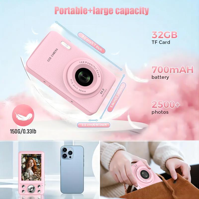 FHD 1080P Digital Camera with 16x Zoom Anti-Shake Compact Small Camera for Boys Girls Children Rechargeable Lens Rechargeable