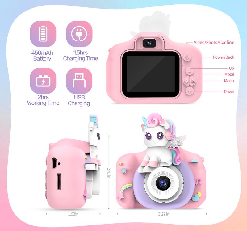 Unicorn Digital Camera Toys ,1 count USB Rechargeable Camera With Unicorn Silicone Case & Lanyard & Memory Card Reader for The Little Ones Christmas or Birthday Gifts mom mother's day  Rear Sd