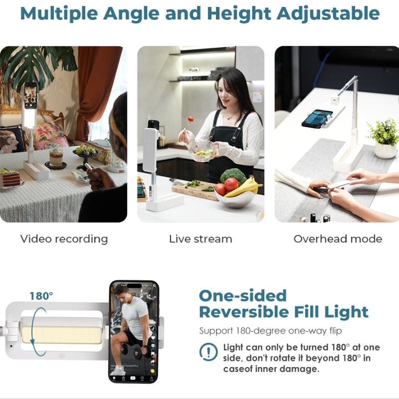 Folding Portable Selfie Stand, 360° Rotation Phone Holder with Rechargeable LED Light, Wireless Foldable Selfie Stand for Live Streaming, Video Recording, Tripod for iPhone, Smartphone Accessories, Stocking Fillers Gift