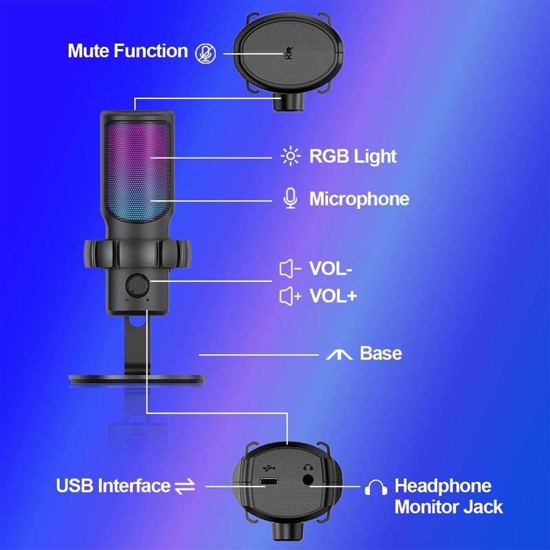 USB Powered Microphone with RGB Light, USB Microphone with Type-C Adapter, Microphone Compatible with Computer & Type-C Interface Devices