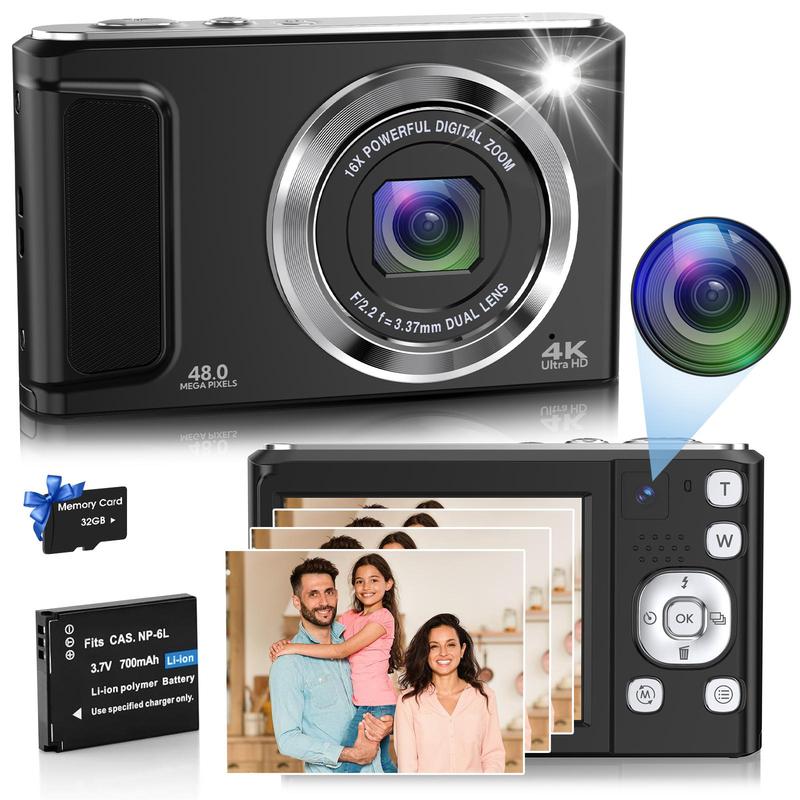 4800W Pixel 4K Digital Camera, 16X Digital Zoom Camera Digital with Flash, Vlogging Camera, 2.8 Inch Auto Focus Digital Camera with 32G Memory Card, Digital Camera for Vlog & Travel Record