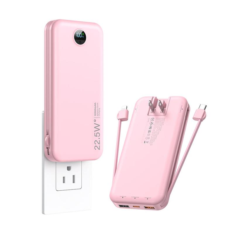 12000mAh Power Bank, Portable Charger With 2 built-in Cable For Music Festival, Digital Display QC4.0 PD3.0 Fast Charging Power Bank With Foldable Wall Plug for Summer, Mobile Chargeable Devices, Phone Charger For iPhone Huawei, Smartphone Accessories