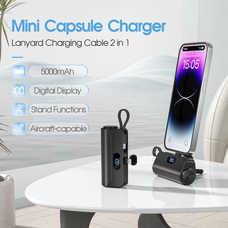 5000mAh Portable Power Bank, Mini Portable Phone Charger with Built-in Cable, Digital Display Mobile Phone Charger Compatible with iPhone Galaxy, Phone Accessories