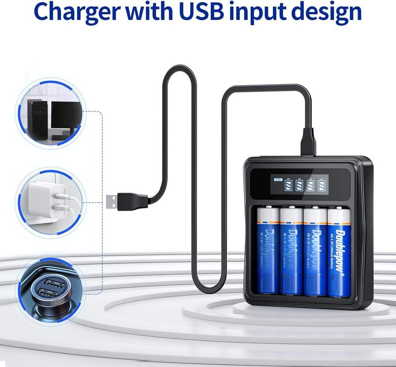 Rechargeable AA Lithium Batteries 1.5V with Charger, 4 Bay Individual Battery Charger,Fast Charging,4 Pack