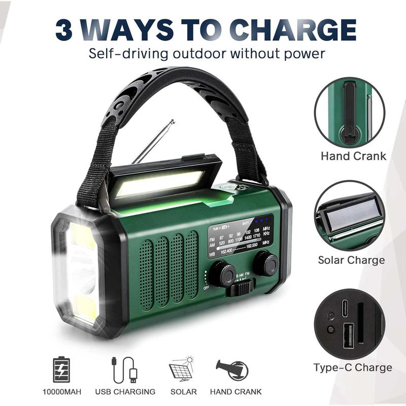 10000 Mah Crank Emergency Solar Radio, Noaa Am Fm Weather Radio, Dynamo Radio, Torch & Led Reading Light, Sos Alarm, Compass For Camping