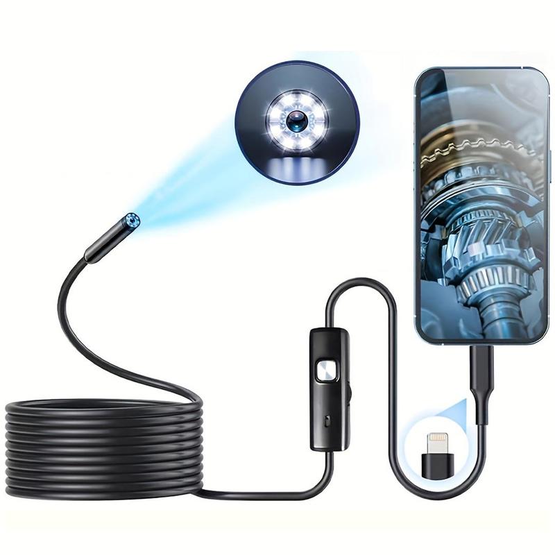 Multipurpose Industrial Endoscope for Cellphone Smartphone, 1 Count Waterproof Tube Sink Drain Pipe Mobile Camera with LED Light, HD Inspection Camera for iPhone & iPad, Detecting Tools