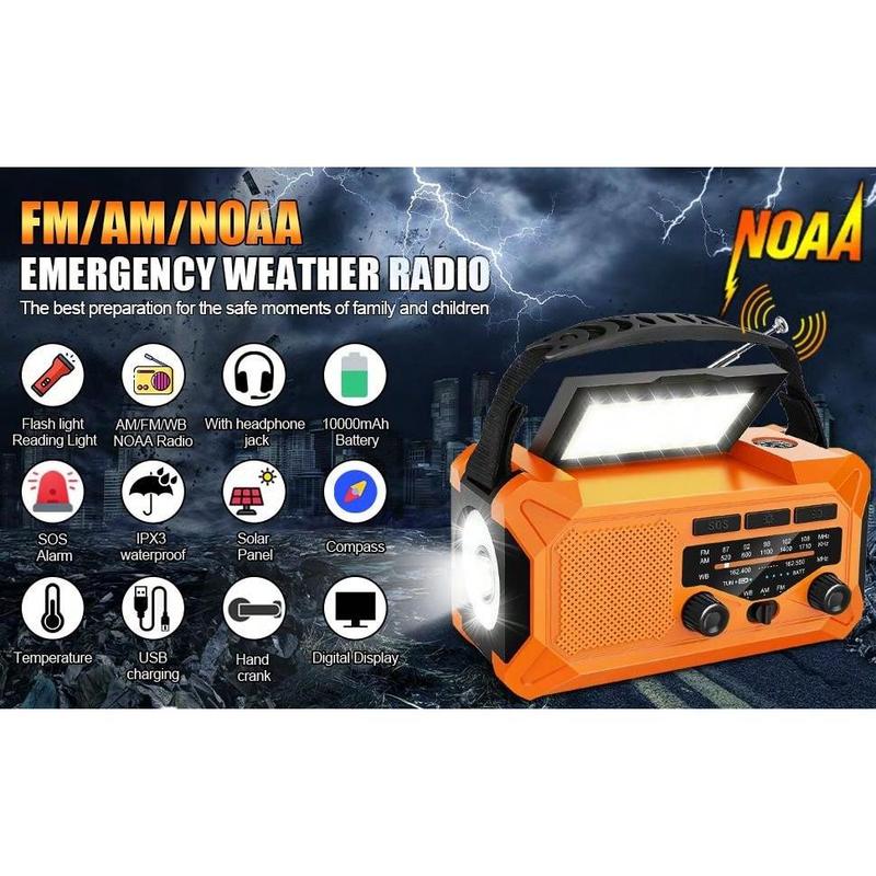 10000mAh Emergency Weather Radio With Solar Charging, Hand Crank Radio Solar Radio Portable Radio AM FM NOAA Radio LED Flashlight Reading Lamp Compass Phone Charger Outdoor Camping