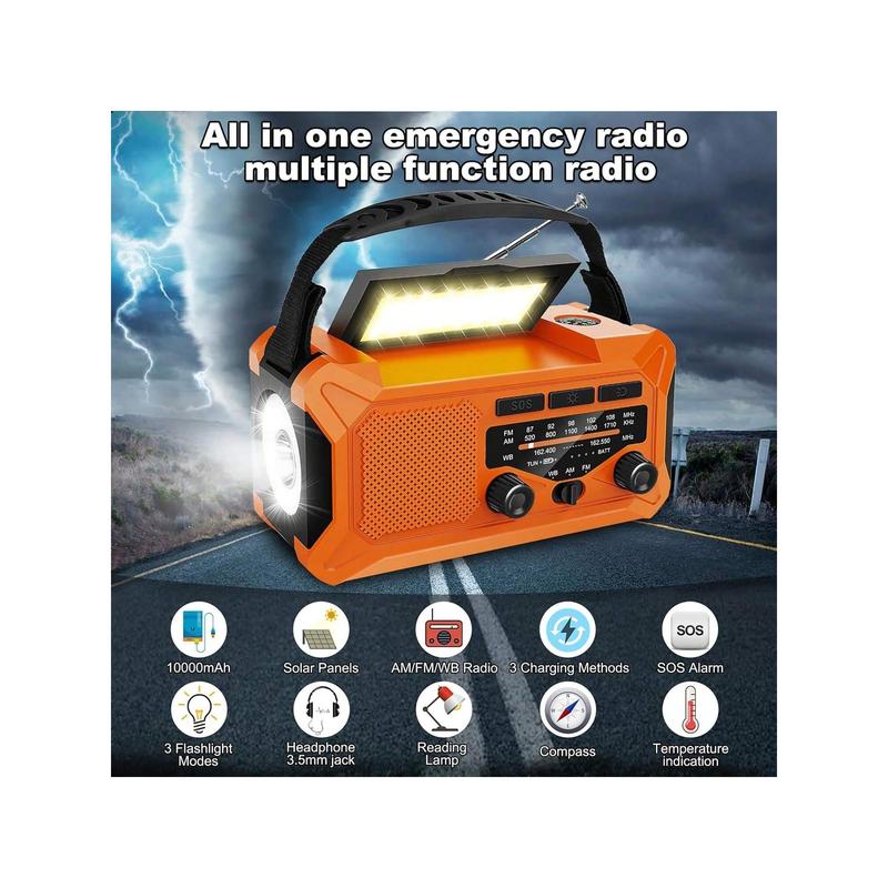 10000mAh Emergency Weather Radio With Solar Charging, Hand Crank Radio Solar Radio Portable Radio AM FM NOAA Radio LED Flashlight Reading Lamp Compass Phone Charger Outdoor Camping