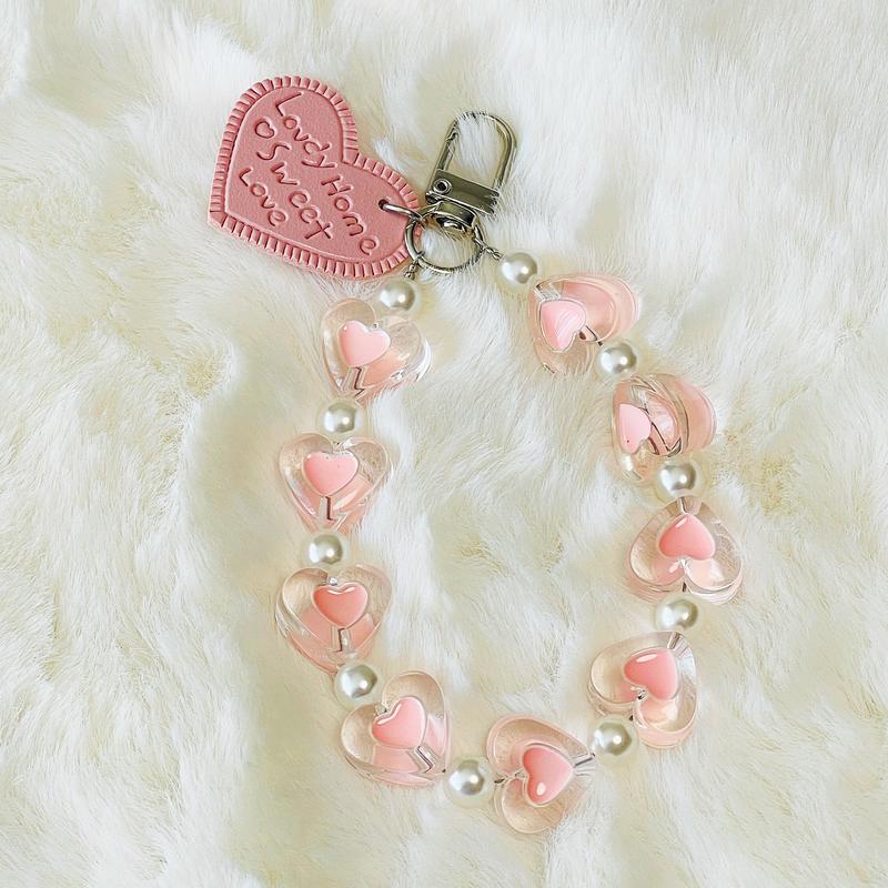 Heart Beaded Floral Bracelet Charms Car Keychain Phone Strap Holder Bag Wallet Purse Chain Key Rings Pendant for Women and Girls - Macaroon Color - Smartphone, Accessories Phone carrier