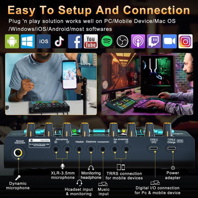 Rechargeable Audio Mixer Amplifier, Audio Interface Live Sound Card with DJ Mixer Effects & Voice Changer, DJ Controller, Midi Controller, Podcast Production Studio Equipment