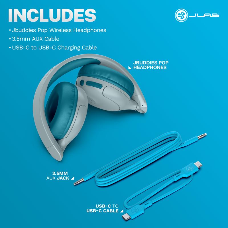 JLab JBuddies Pop Wireless Kids Headphones, 2 in 1 Wireless and Wired, 48+ Hour Playtime, Volume Safe Limiter, Bluetooth 3.5mm Wired Connections, Foldable, Wireless Share Mode, Rechargeable,