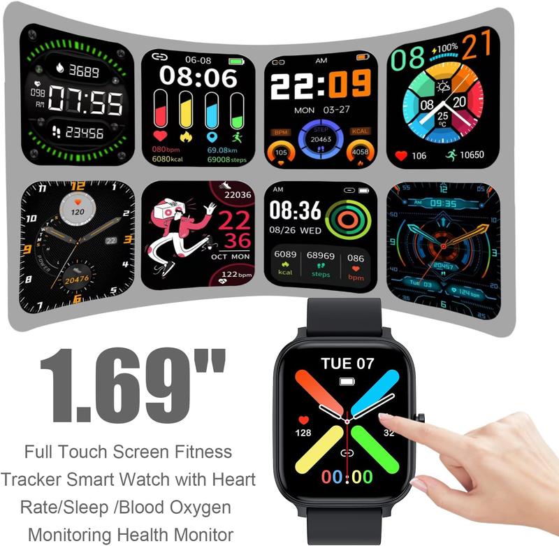 Smart Watch for Men Women Compatible with iPhone Samsung Android Phone 1.69 inch Full Touch Screen IP68 Waterproof Bluetooh Fitness Tracker Heart Rate   Sleep Monitor, Black