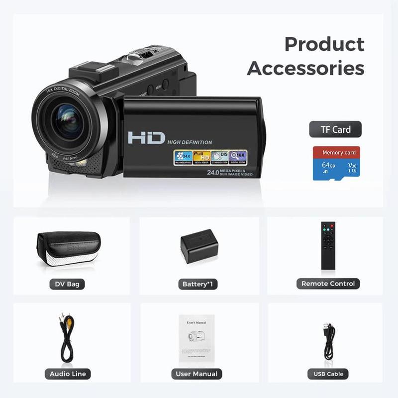 4K HDV-201LM Digital Video Camera, Multifunctional Home Travel Vlog Photography Camera with 64GB High Speed Memory Card, 36MP Recording & Shooting DV Camera, Home Travel Vlog Photography Camera