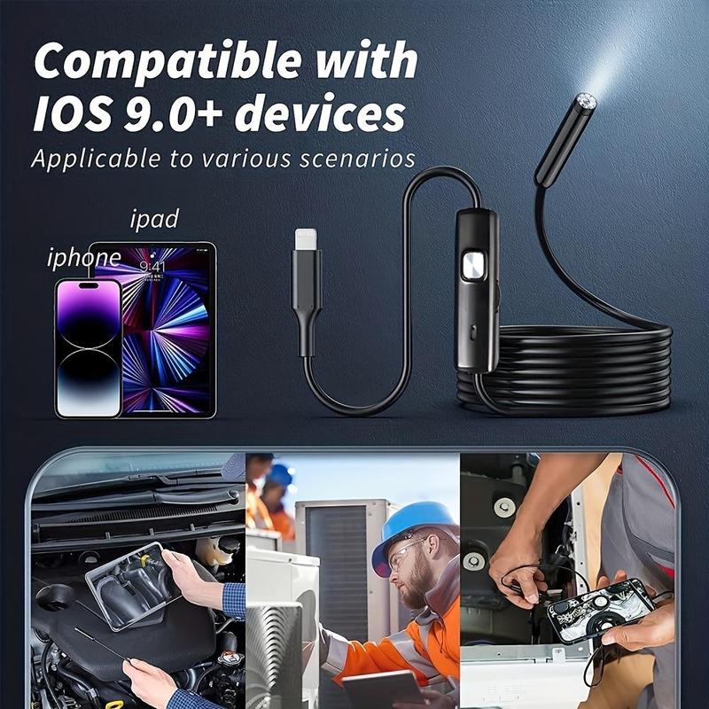 Multipurpose Industrial Endoscope for Cellphone Smartphone, 1 Count Waterproof Tube Sink Drain Pipe Mobile Camera with LED Light, HD Inspection Camera for iPhone & iPad, Detecting Tools