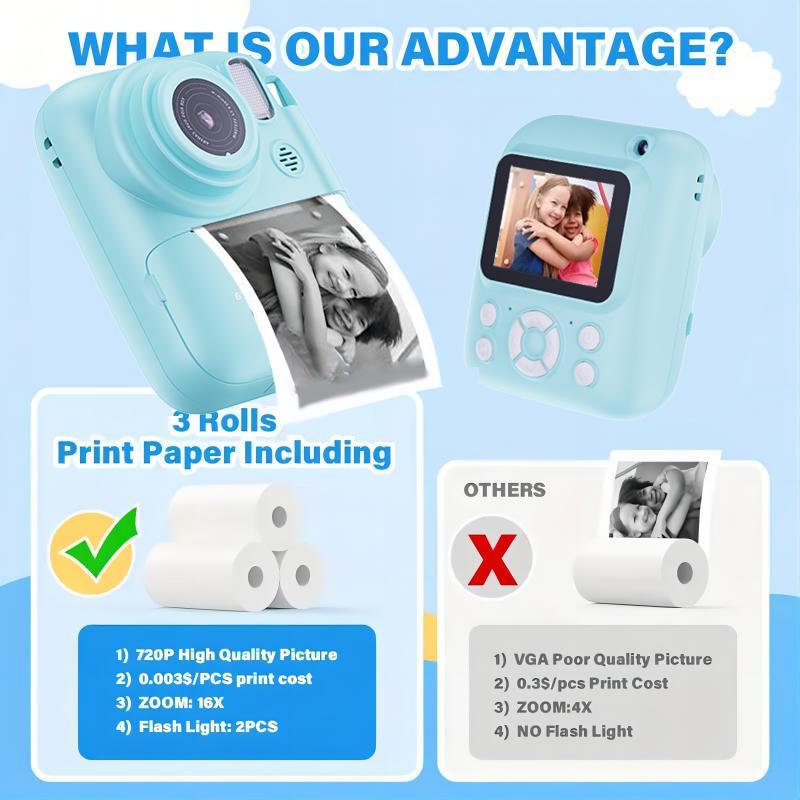 Children Instant Print Photo Kids Camera Digital Camera for Kids Photography Thermal Printer Video Baby Interesting Diy Christmas Gift,valentine Durable polaroidpictures print camera