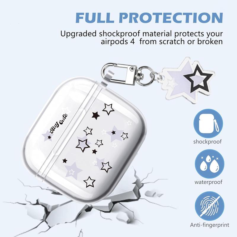 Case for AirPod 4 with Star Keychain, Cute Charms Star Pattern Design Clear Soft Protective Cover for AirPods 4th Generation 2024 Released