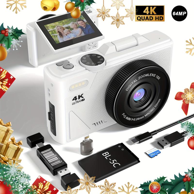 64MP 4K HD Digital Camera 18x Digital Zoom 3 Inch Flip Screen Professional Camera Supports Taking Photos, Recording Videos, Video Blogs and Web Cameras, Including 32gb TF Card, Suitable for Beginners Thanksgiving Day and Christmas Gifts