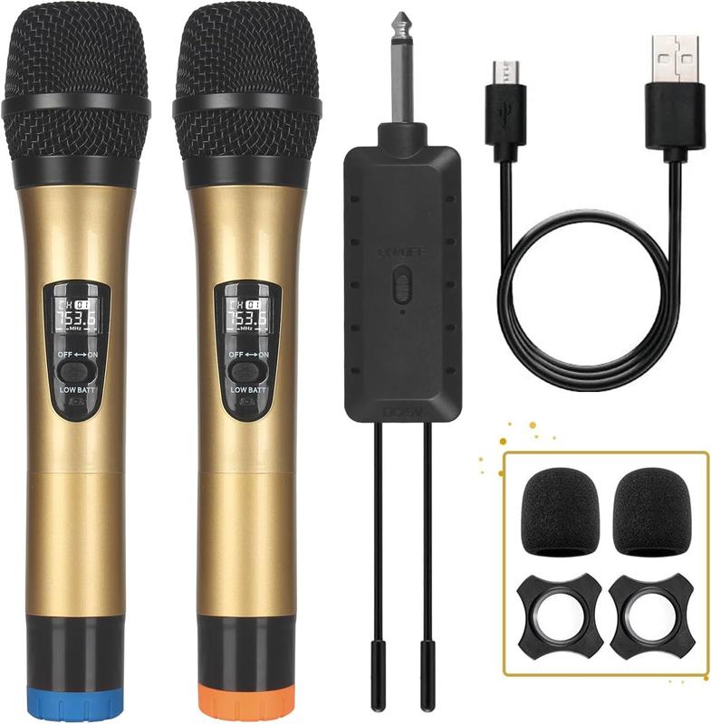 Microphone, UHF Dual Cordless Dynamic Mic System,Handheld Karaoke Microphone with Rechargeable Receiver(Auto Connect,200 ft Range) for Singing, Church, Speech, Wedding, Party