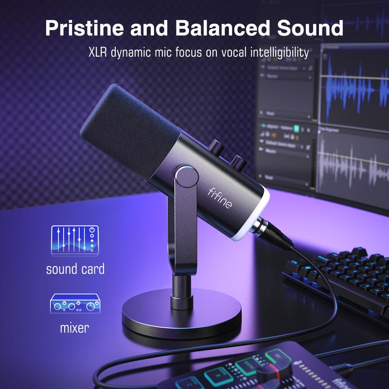 Fifine AM8 XLR USB Gaming Microphone for Podcast Recording, Dynamic RGB Microphone with Quick Mute, headphone jack, Gain Knob, Volume Control, Desktop Computer Mic for PC Gamer